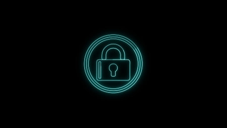 Neon green padlock icon on a black background.の写真素材
