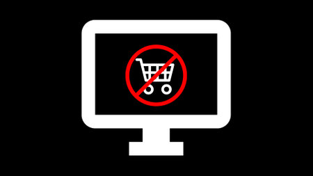 A graphic of a computer monitor displaying a no shopping cart symbol on a black background.の写真素材
