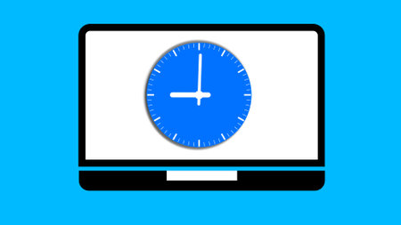 Laptop with Clock Screen on a blue background.の写真素材