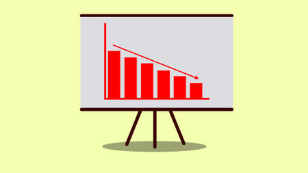 Illustration of a declining bar chart on a presentation board on a colorful background.の写真素材