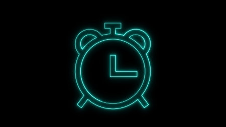 Neon green outline of an alarm clock on a black background.の写真素材
