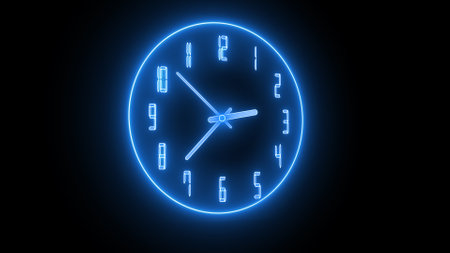 Blue neon light analog clock isolated animated on black backgroundの写真素材