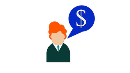 Person with dollar icon in a speech bubble on a white background.の写真素材