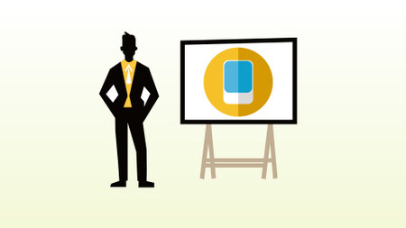 Businessman With broad smartphone icon on a white background.の写真素材