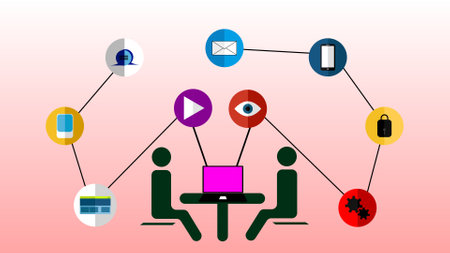 Illustration of two people at a computer connected to various technology and communication icons, representing digital collaboration or network security.の写真素材