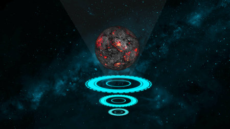 Abstract digital art featuring a glowing blue world map above concentric circles, set against a...