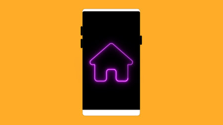 Smart phone with home icon on a yellow background.の写真素材