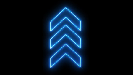 Neon glowing arrow sign on a black background.の写真素材