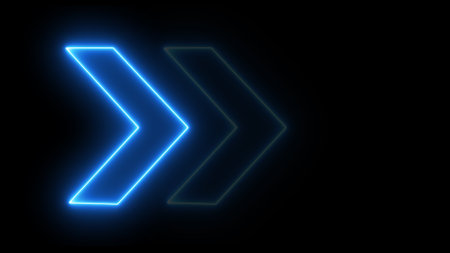 Neon glowing arrow sign on a black background.の写真素材