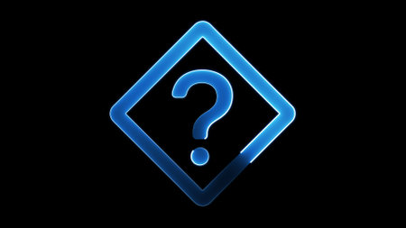 A glowing blue question mark inside a diamond-shaped frame on a black background.