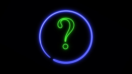 Neon green question mark inside a blue circle animated on a black background.