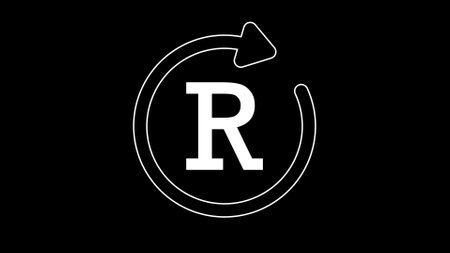 A white letter 'R' with a circular arrow around it on a black background, symbolizing a refresh or reload icon.の写真素材