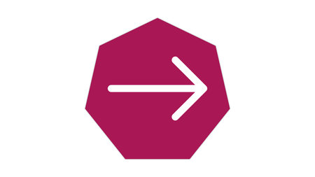 A white arrow pointing to the right on a maroon octagonal background.