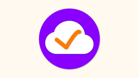 Cloud icon with checkmark on purple background.の写真素材