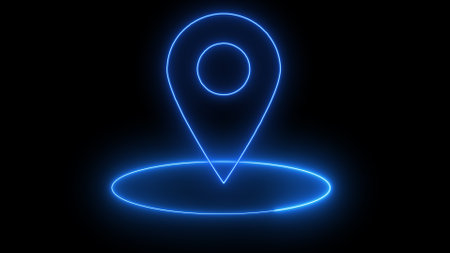 Neon glowing location icon on a black background.の写真素材