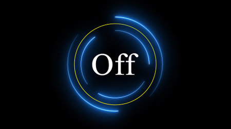 Neon circle with the word off in the center against dark background.の写真素材