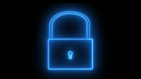 Neon blue padlock icon glowing against animated on a dark background.