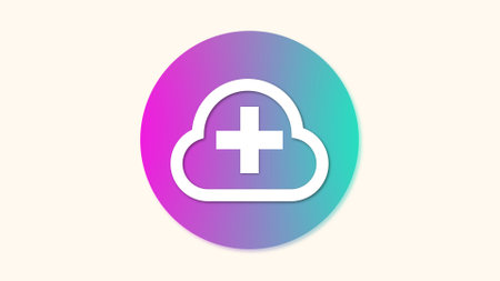 A gradient circular icon with a cloud and a plus sign in the center, symbolizing cloud-based health or medical services.の写真素材