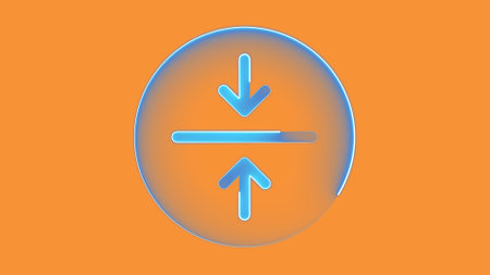 A blue icon with two arrows pointing towards a horizontal line in the center, on an orange background.の写真素材