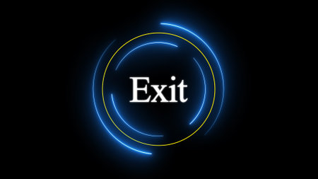 Neon circle with the word exit in the center against dark background.の写真素材