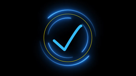 Neon glowing tick mark icon on a black background.の写真素材