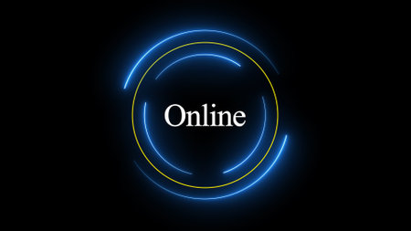 Neon circle with the word online in the center against dark background.の写真素材