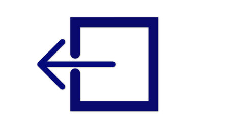 A blue arrow pointing left entering a blue square on a white background.の写真素材