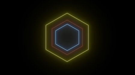 Many neon triangles in space, abstract computer generated backdrop.の写真素材