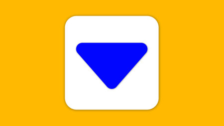 A white, downward-pointing triangle with rounded corners on a yellow background.の写真素材