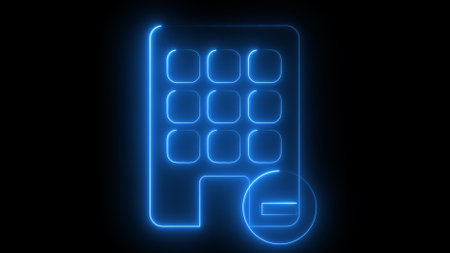 A glowing blue neon icon of a building with a minus sign in front of it, set against a black background.の写真素材