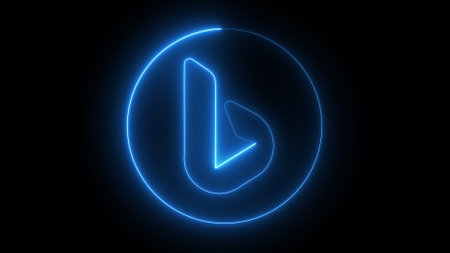 A glowing blue neon Bing logo on a black background.の写真素材