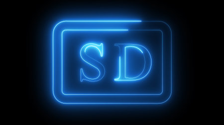 Neon glowing with text SD on a black background.の写真素材