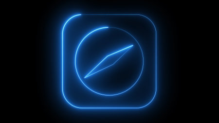 A glowing neon blue compass icon on a black background, representing navigation or direction.の写真素材