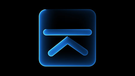 Neon glowing arrow icon on a black background.の写真素材