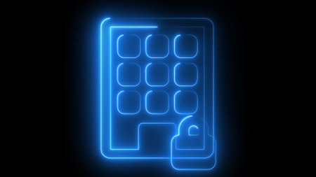 A glowing blue neon icon of a keypad with a padlock symbol, representing security or access control.の写真素材