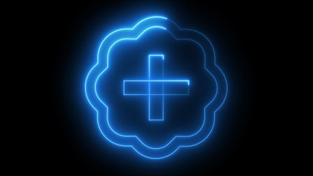A glowing blue neon medical cross symbol inside a flower-shaped outline on a black background.の写真素材
