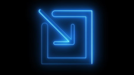 A glowing neon blue arrow pointing downwards and to the right, enclosed within a geometric square spiral on a black background.の写真素材