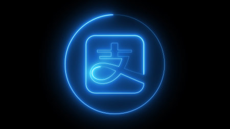 A glowing blue neon logo on a black background, featuring a stylized Chinese character inside a circle.の写真素材