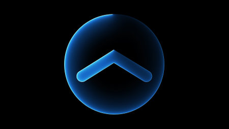 Neon glowing arrow icon on a black background.の写真素材