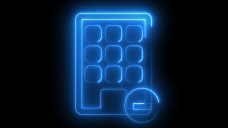 Neon blue icon of a vending machine with a circular arrow symbol in the bottom right corner, indicating a refresh or reset function.の写真素材