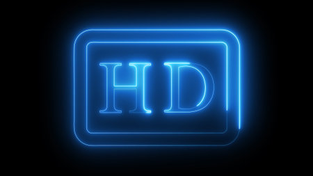 A glowing blue neon HD on a dark background, representing high-definition quality.の写真素材