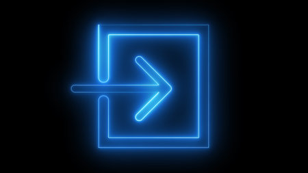 A glowing blue neon exit sign with an arrow pointing to the right on a black background.の写真素材