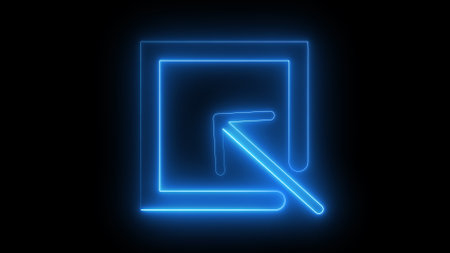 A glowing blue neon arrow pointing upwards within a square on a black background.の写真素材