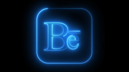A glowing blue neon Behance logo on a black background.の写真素材