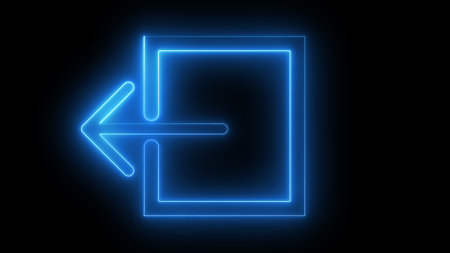 A glowing blue neon exit sign with an arrow pointing to the right on a black background.の写真素材