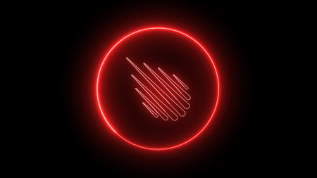 A glowing red neon circle with a stylized abstract design in the center on a black background.の写真素材