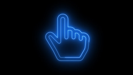 A glowing blue neon hand cursor icon on a black background, symbolizing a click or selection action.の写真素材