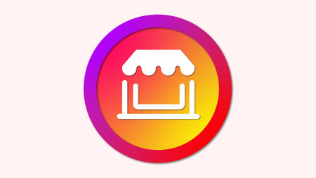 A colorful icon of a market stall with a canopy, depicted in white on a gradient background of red, orange, and purple.の写真素材