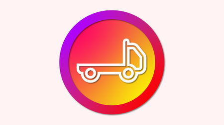 A minimalist icon of a truck inside a circular gradient background with shades of red, orange, and yellow.の写真素材