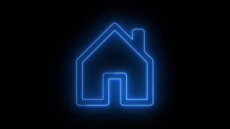 A glowing blue neon outline of a house icon on a black background.の写真素材